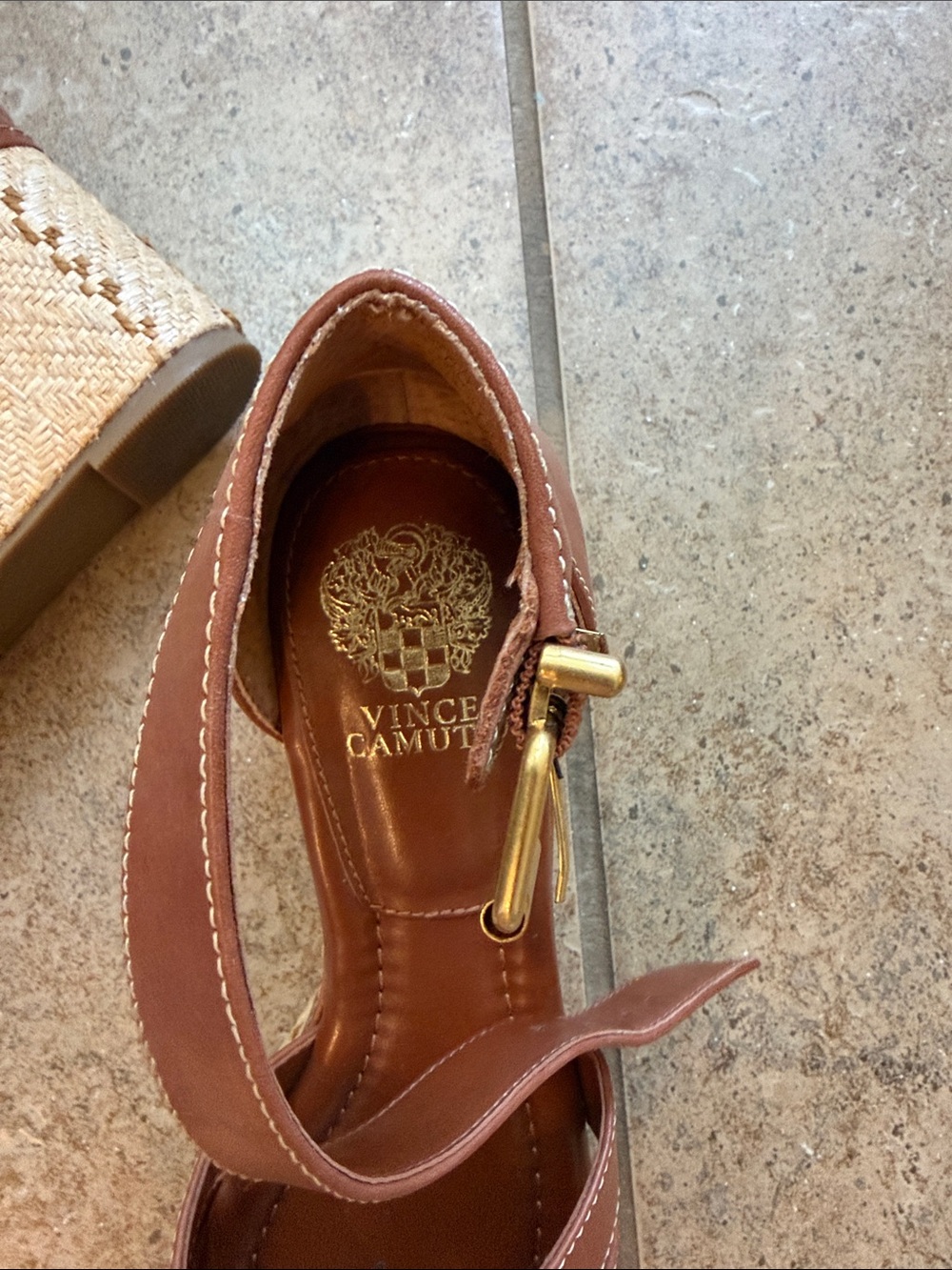 Vince Camuto Cognac Leather Wedge Sandals with Ankle Strap - Picture 2 of 5